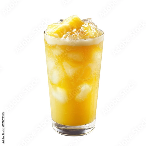 Obraz Refreshing glass of pineapple juice filled with ice cubes and topped with pineapple chunks, perfect for tropical treat