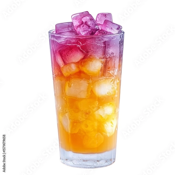 Obraz Refreshing, colorful drink in tall glass with vibrant purple and orange layers, topped with ice cubes, creating visually appealing and thirst quenching beverage