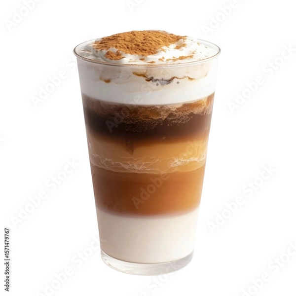 Obraz Delicious iced coffee drink with layers of milk, espresso, and foam topped with sprinkle of cinnamon, creating visually appealing and refreshing beverage
