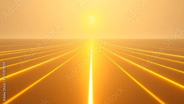 Fototapeta A digital rendering of a golden horizon with glowing lines and the number two in the distance