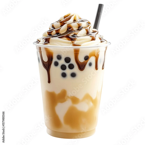 Obraz Creamy bubble tea with tapioca pearls and caramel drizzle in clear plastic cup, topped with whipped cream and straw. drink is visually appealing and indulgent, on transparent background