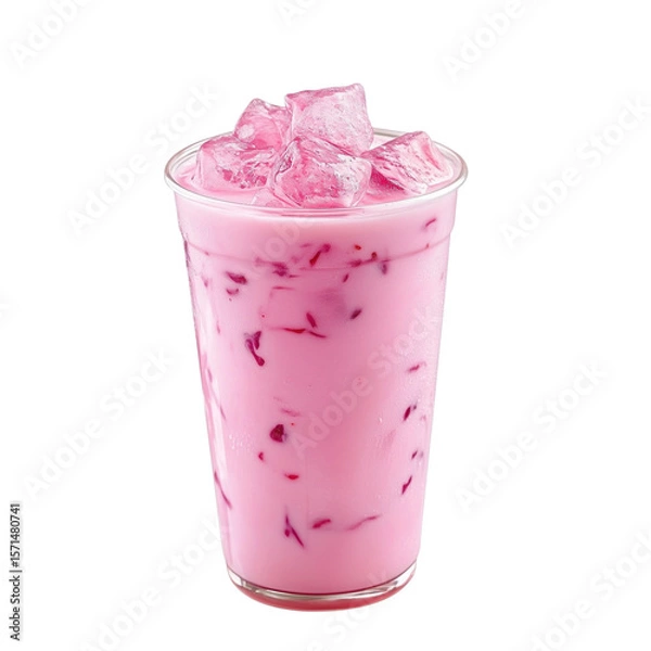 Obraz Refreshing pink iced drink in clear plastic cup, filled with ice cubes, offering sweet and creamy appearance. Perfect for cool treat on warm day, on transparent background
