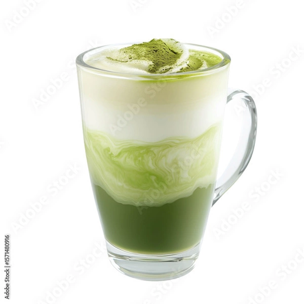 Obraz Glass mug filled with layered matcha latte, featuring vibrant green matcha at bottom, creamy milk in middle, and frothy top dusted with matcha powder. drink appears refreshing and inviting