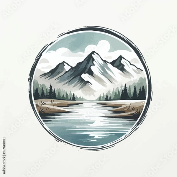 Fototapeta Scenic mountain range with a winding river evokes nature and adventure in a minimalist circular design ideal for branding and logos.	