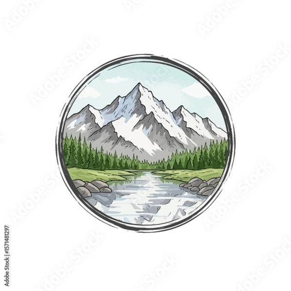 Fototapeta Scenic mountain range with a winding river evokes nature and adventure in a minimalist circular design ideal for branding and logos.	
