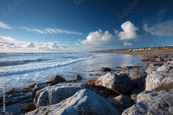 Obraz Gentle ocean waves meet a rocky shoreline under a vibrant blue sky with scattered clouds.