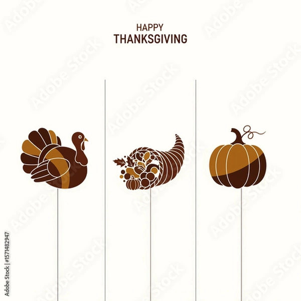 Fototapeta Minimalist Brown Cream Illustrations Thanksgiving Symbols Turkey Cornucopia Pumpkin Plain Light Background Happy Thanksgiving Vertical Arrangement