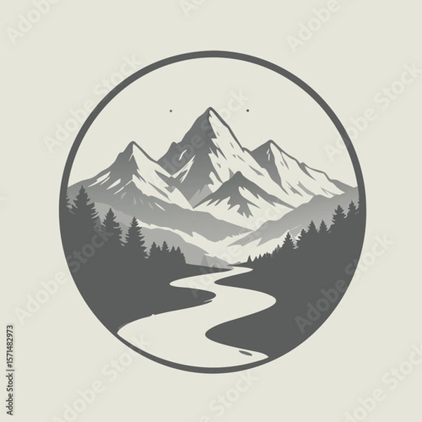 Fototapeta Scenic mountain range with a winding river evokes nature and adventure in a minimalist circular design ideal for branding and logos.	