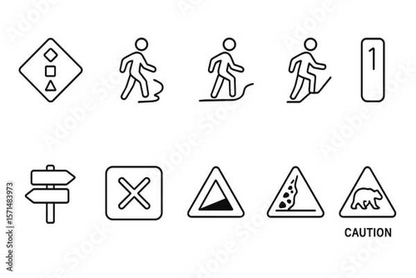 Fototapeta Hiking, outdoor safety line icon set for navigation and trail warnings essentials