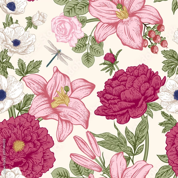 Fototapeta Seamless pattern with flowers. Vector illustration.