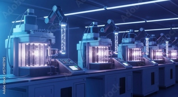Fototapeta Futuristic laboratory with robotic arms and glowing test tubes in a blue-lit environment