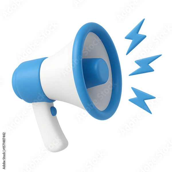 Fototapeta 3D blue and white megaphone icon with sound waves symbol representing announcement and communication, isolated on transparent background