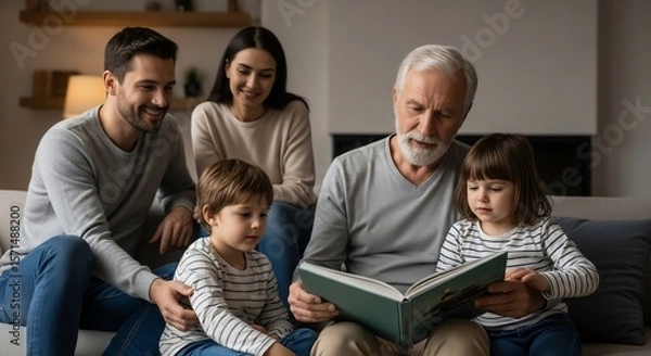 Fototapeta Grandfather Reading Storybook to Grandchildren with Family Present