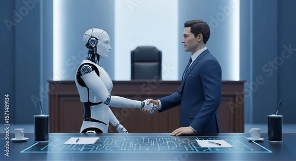 Fototapeta Human and Robot Handshake in Modern Boardroom