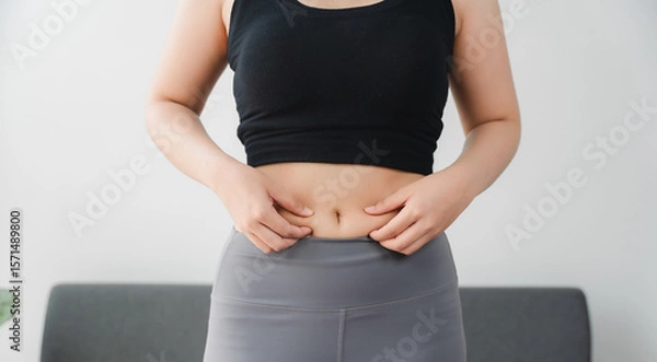 Fototapeta Body Shape Assessment: A close-up perspective showing a person pinching skin around belly, highlighting concerns about body shape and fat content.