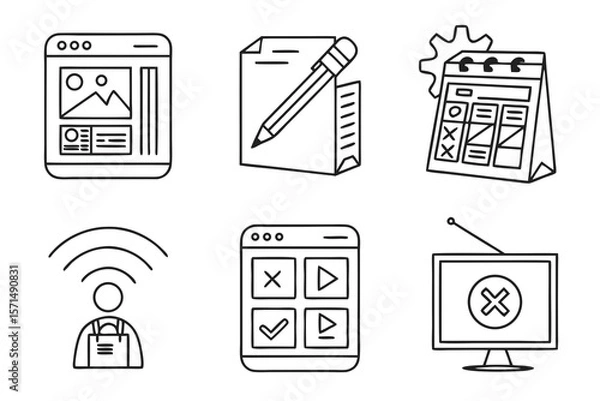 Fototapeta Six simple line icons representing digital and organizational tools