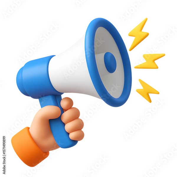 Fototapeta 3D blue megaphone icon with human hand and sound waves, isolated on transparent background
