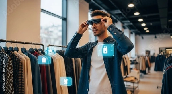 Fototapeta Man in Smart Glasses Browsing Clothing in Modern Store