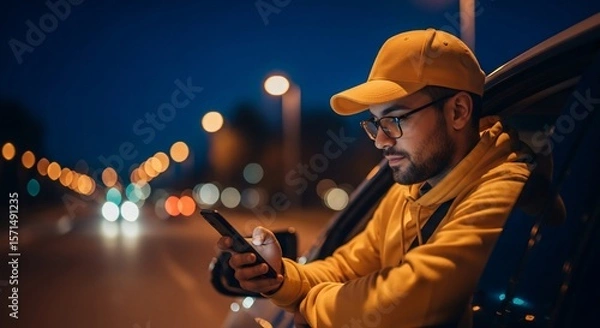 Fototapeta Man in Yellow Cap and Hoodie Using Phone at Night Near Road