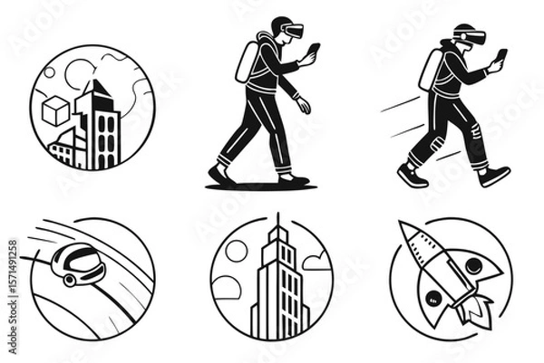 Fototapeta A man uses vr while walking in a futuristic cityscape