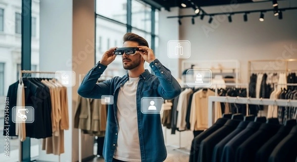 Fototapeta Man using augmented reality glasses in a clothing store, surrounded by virtual icons.