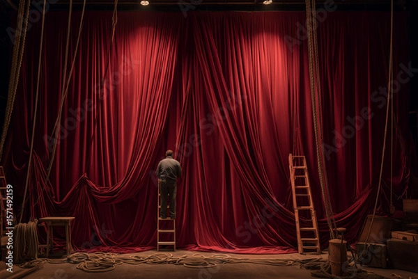 Fototapeta Individual standing on a ladder in front of rich red curtains, adjusting fabric in a theater setting, surrounded by ropes and wooden ladders, preparing for a performance