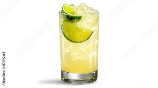 Obraz Pale yellow sweet lime juice with pulp and ice in a straight transparent glass isolated image with no shadows overlay cut out on isolated transparent removed background