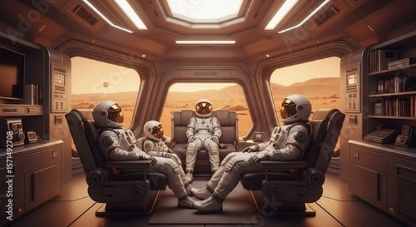 Fototapeta Martian Astronauts Conferring in a Spacecraft