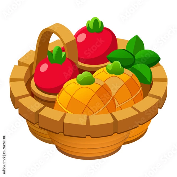 Fototapeta Woven basket filled with red tomatoes and yellow pineapples with green leaves food fruit