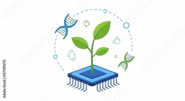 Fototapeta Plant Growing from a Computer Chip with DNA and Molecule Graphics