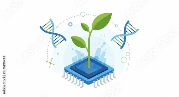 Fototapeta Plant growing from a computer chip with DNA strands and molecular structures