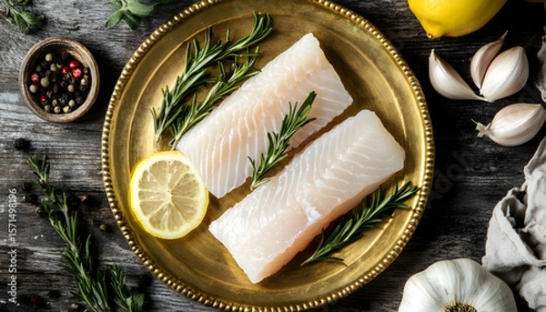 Fototapeta Pollock sea fish fillets, raw whitefish on a plate with herbs and lemon. wooden background. top view