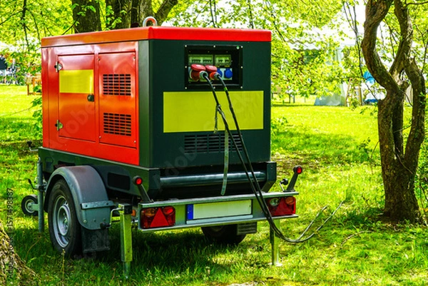 Fototapeta Portable Power Generator Operating Outdoors in a Sunny Forest Setting with Cables Attached