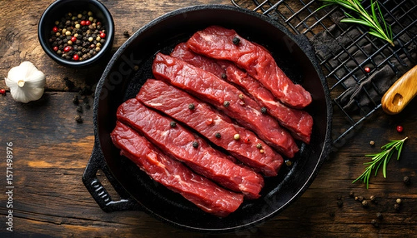 Obraz Raw beef meat sliced strips for beef stroganoff in a skillet. wooden background. top view.