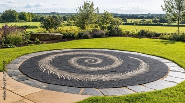 Fototapeta Elegant Spiral Design on Patio with Lush Green Landscape View