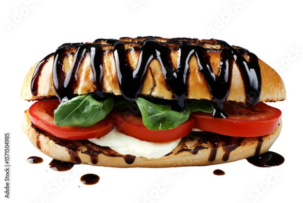 Obraz Caprese sandwich with fresh mozzarella, basil, and tomatoes, drizzled with balsamic glaze, on ciabatta bread, isolated on white