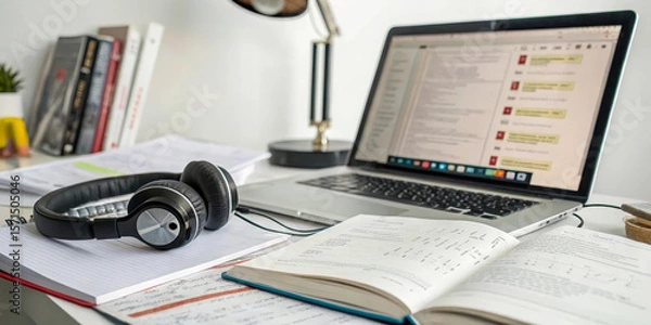 Fototapeta Headphones, open laptop, study material, notebook, pen, and books on modern desk create focused and productive workspace for learning or remote work