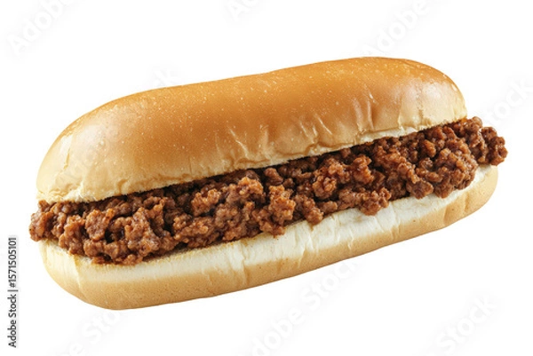 Obraz Classic Sloppy Joe sandwich with seasoned beef spilling out of a toasted bun, isolated on white