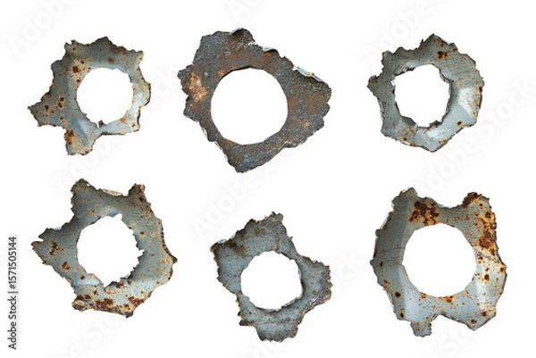 Obraz Collection of five bullet holes in metal, different sizes and jagged edges, isolated on a white background