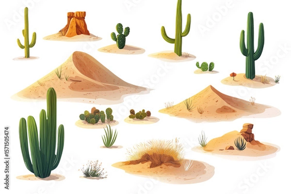 Obraz arid desert landscape features including sand dunes, cacti and dry,