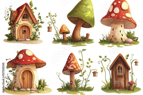 Obraz Fantasy forest houses components, including mushroom-shaped houses, vine-covered walls, and tiny wooden lanterns, isolated on white