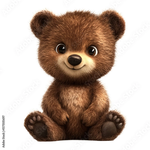 Obraz fluffy bear cub with big ears and soft fur, sitting on a white background