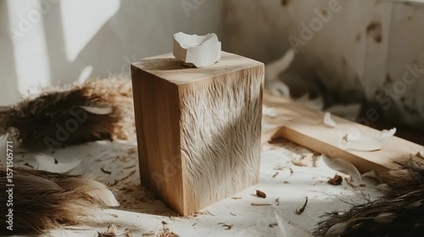 Fototapeta Elegant Wooden Block with Textured Surface and Petals on Top