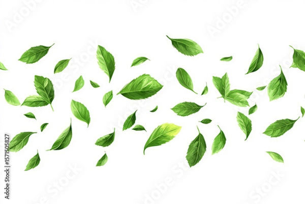 Obraz Fresh mint leaves flying in mid-air, vibrant green color, detailed texture, isolated on a white background