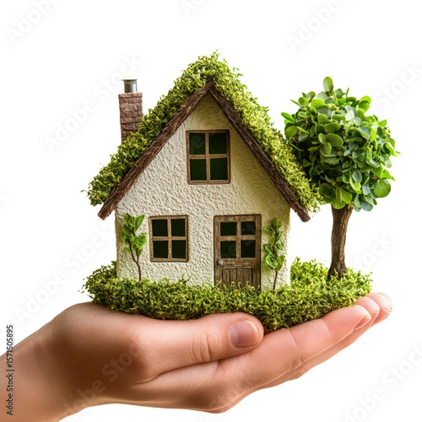 Obraz Hand holding a tiny house with green grass and trees growing around it, symbolizing eco-friendly homes