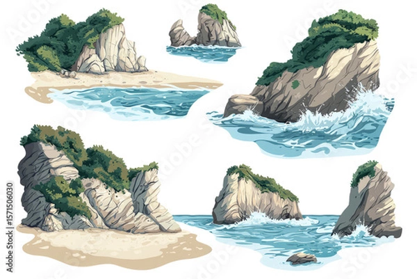 Obraz coastal biome with cliffs, sandy beaches and crashing waves, white background