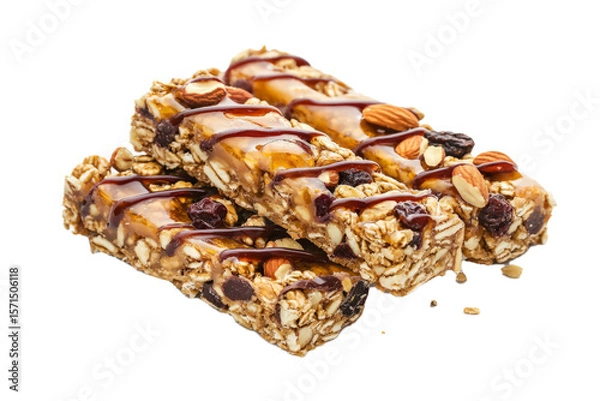 Obraz Homemade granola bars with honey drizzle, nuts, and dried fruit, on a white background