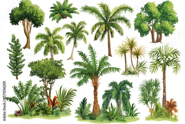 Obraz rainforest biome set, featuring dense jungle trees, tropical ferns, and exotic plants, isolated on white