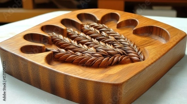 Fototapeta Elegant Wooden Dish with Intricate Braided Design and Texture