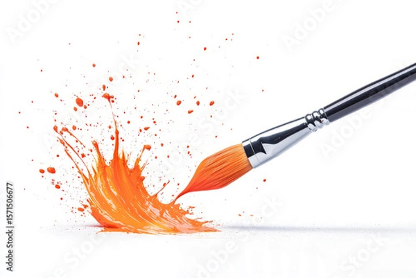 Obraz Paintbrush flicking vibrant paint splashes in a dynamic sweeping motion, isolated on white